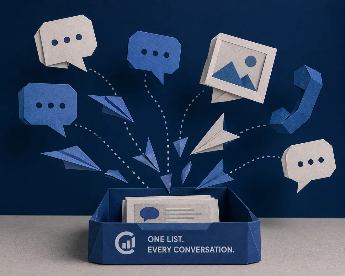 Paper-craft messages and calls flowing into one inbox tray